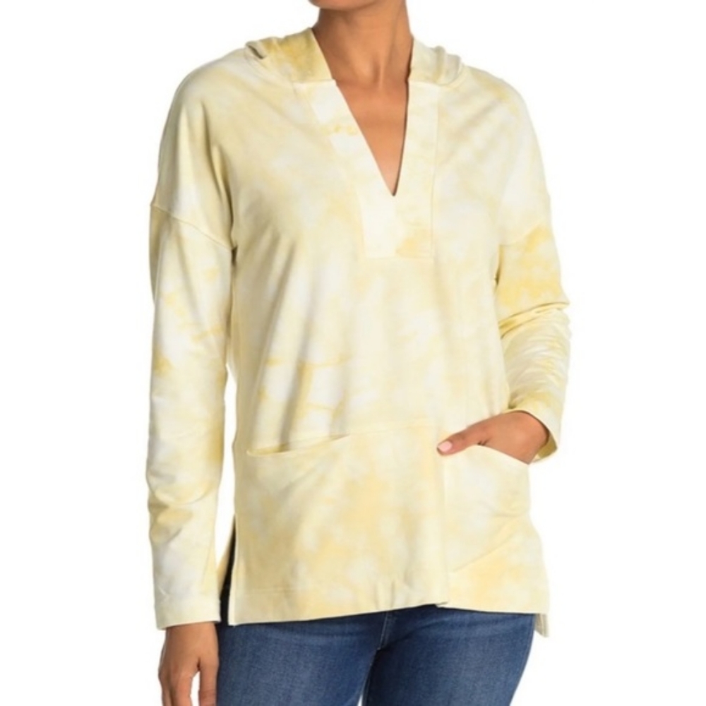 NWT Melloday Nordstrom Tie Dye Yellow Pullover Tunic Pocket V-Neck Hoodie Size S